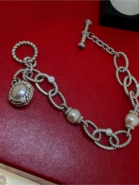 Judith Ripka Sterling Silver Diamonique faux Mabe Pearl Link Toggle Bracelet